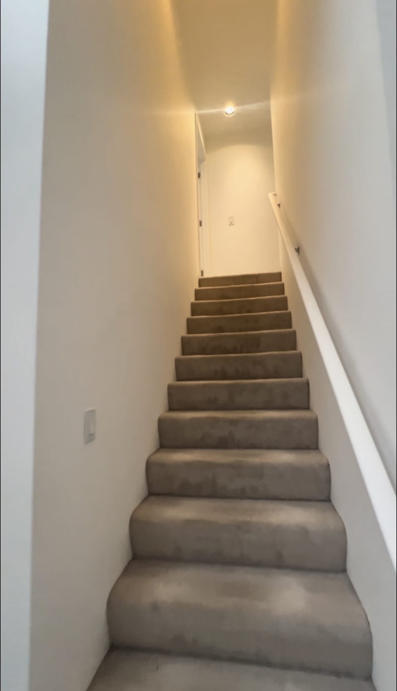 Finished basement staircase with carpet treads, white walls, handrail, and recessed lighting